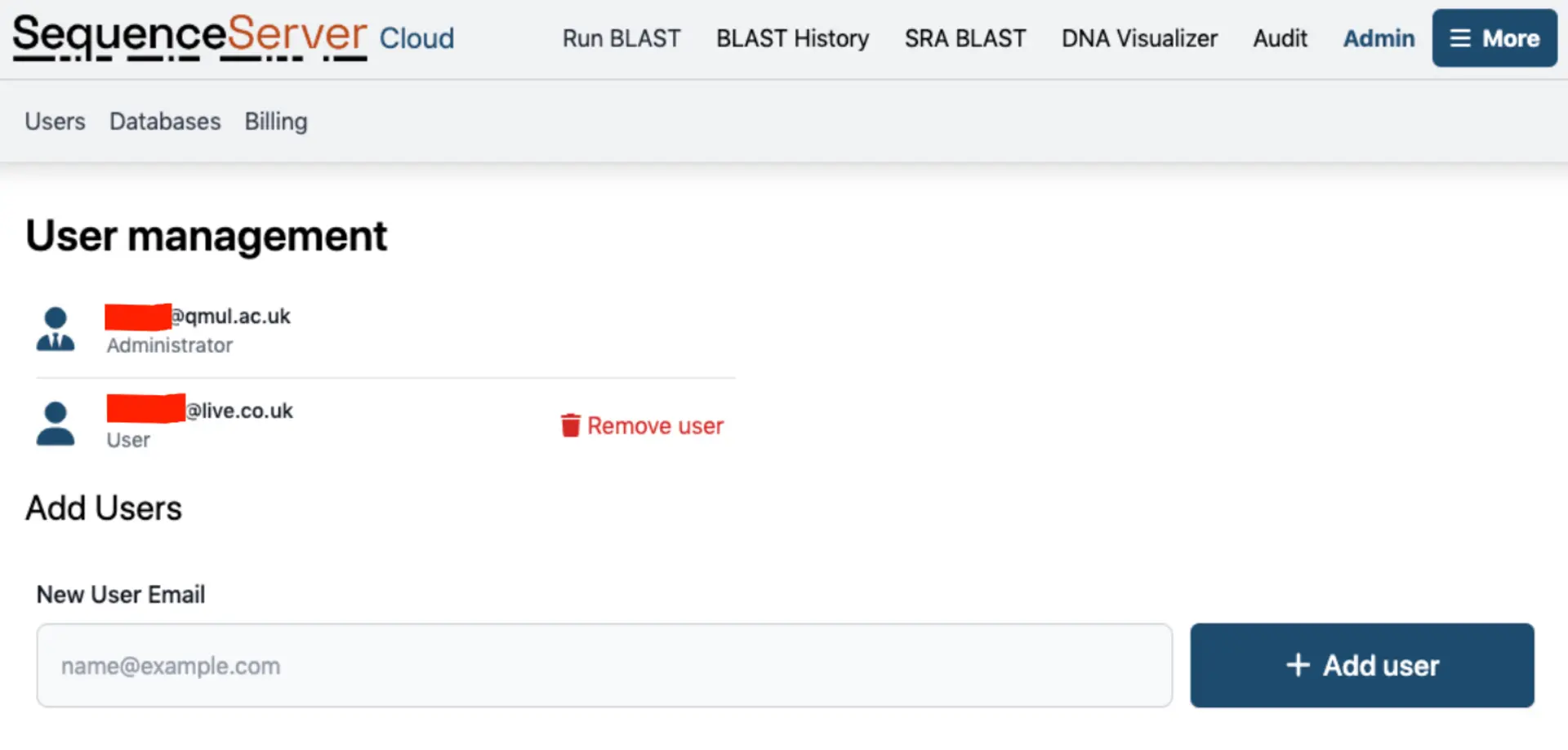 Adding users to your SequenceServer instance just requires you give their email and they will be sent a request to join