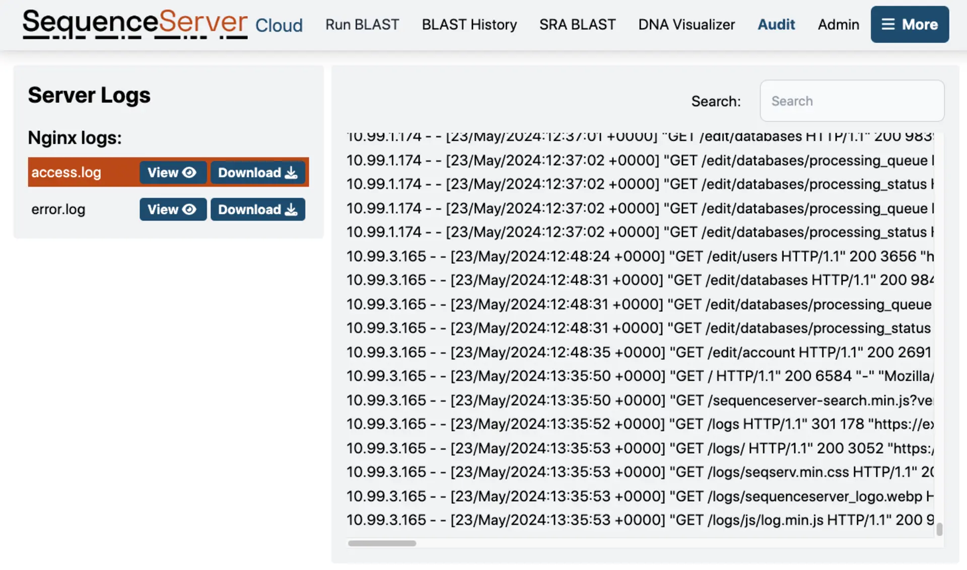 SequenceServer logs the access to the account. This helps users manage who is using the account and what they are running.