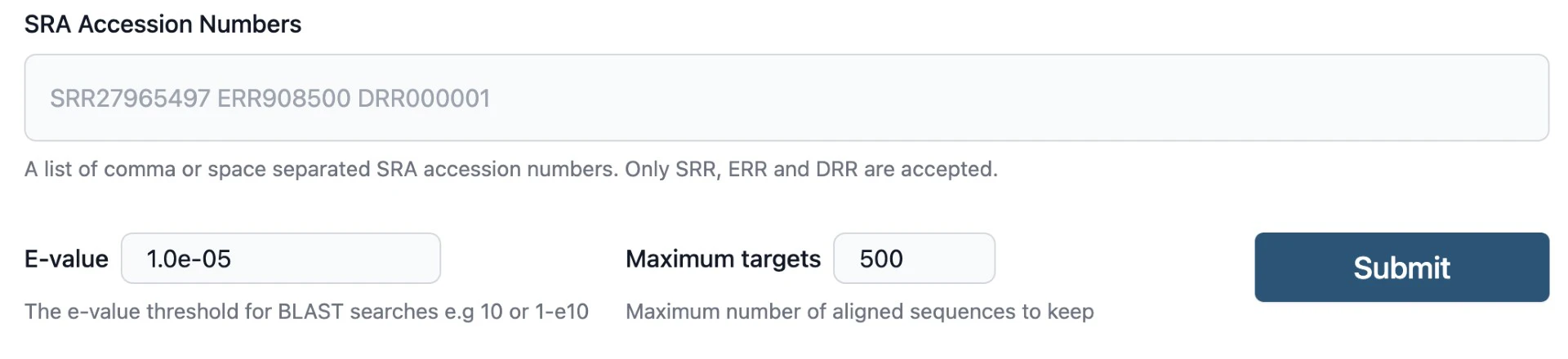 The user interface for the SRA BLAST allows you to be able to easily select parameters like the e-value and maximum number of aligned sequences