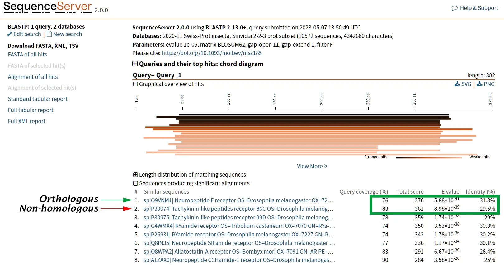 Alignment of a Tachykinin peptide receptor and an NPY receptor. The Tachykinin peptides are principally pain and inflammation behaviour whereas the NPY peptides are principally related to feeding behaviour. In the generated alignment, coverage and identity is highlighted in green