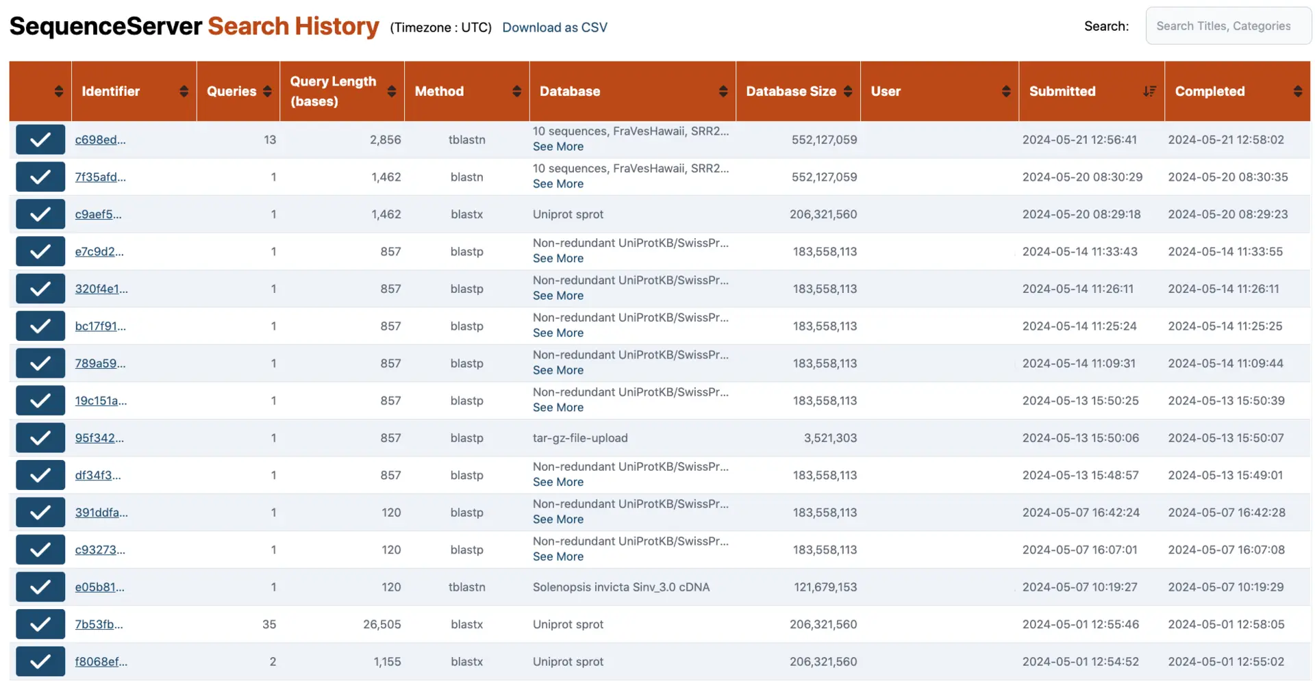 SequenceServer maintains a record of your BLAST history allowing you to go back to previous BLAST runs.